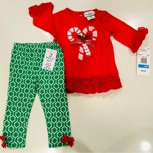 Brand new 2-piece set: toddler’s red candy cane top & matching green pants
